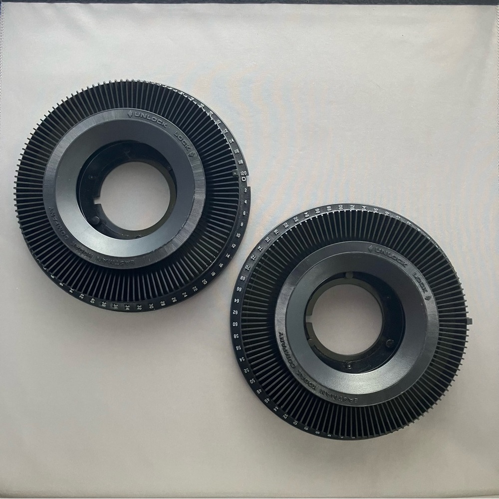 Set of 2 Eastman Kodak Company plastic 1" slide carousel, each holds 120 slides
